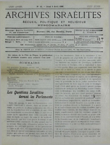 Archives israélites de France. Vol.69 N°15 (09 avr. 1908)